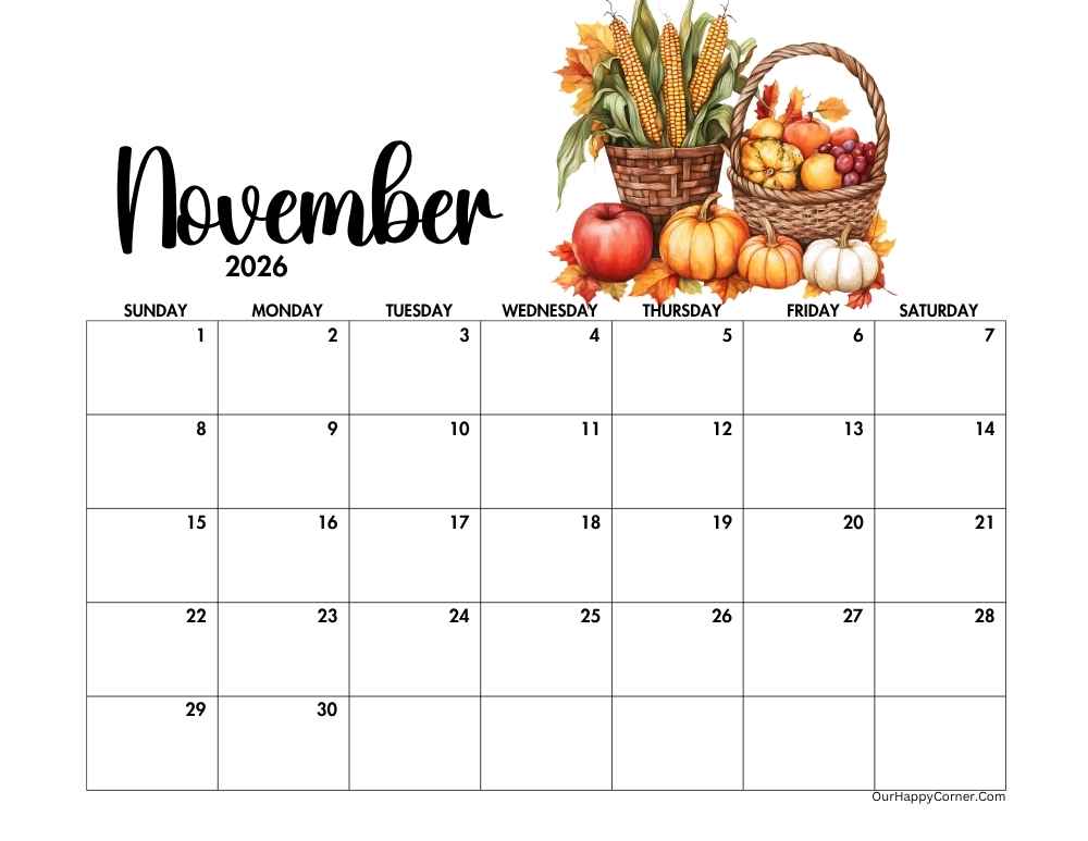 Autumn horizontal calendar printable