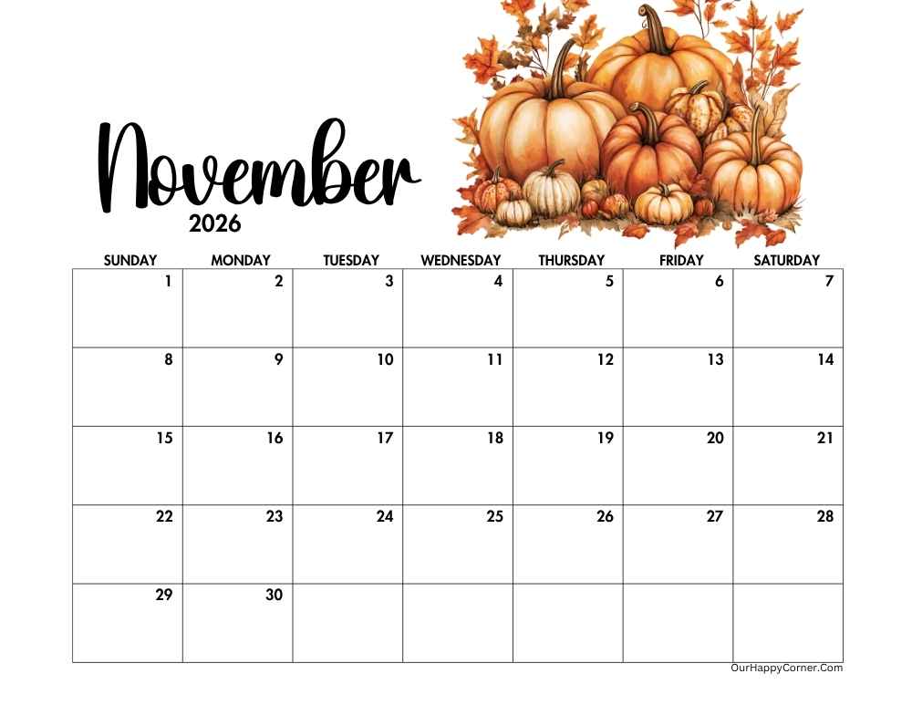 Autumn horizontal calendar printable