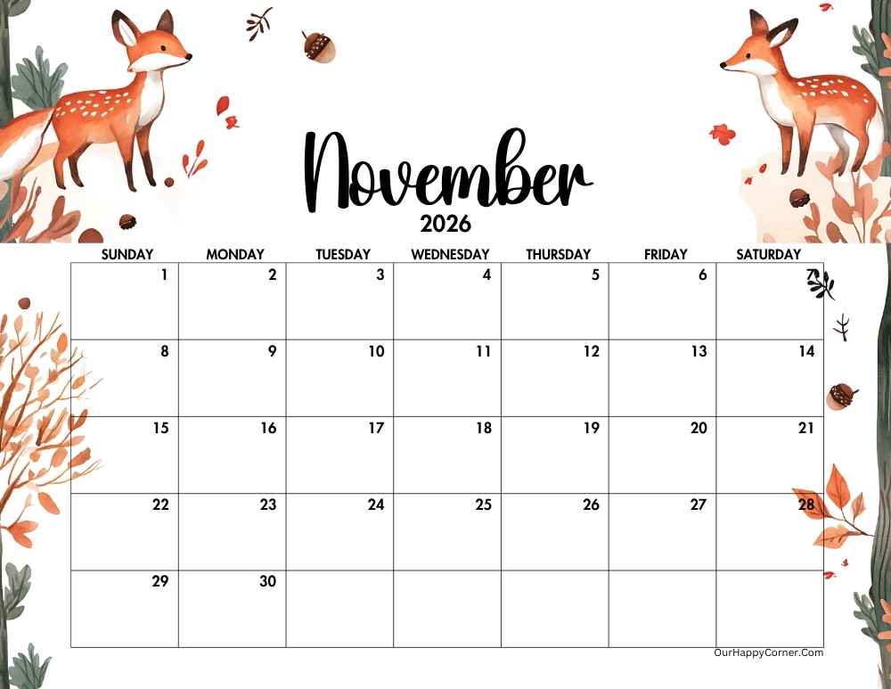 Autumn horizontal calendar printable