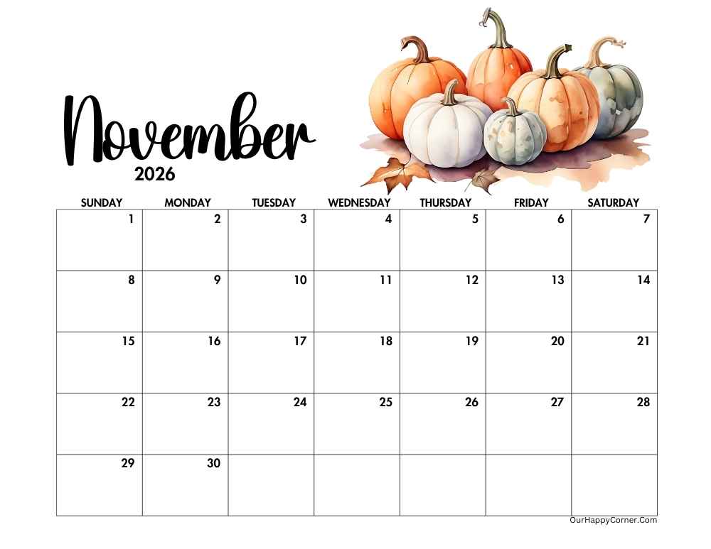 Autumn horizontal calendar printable