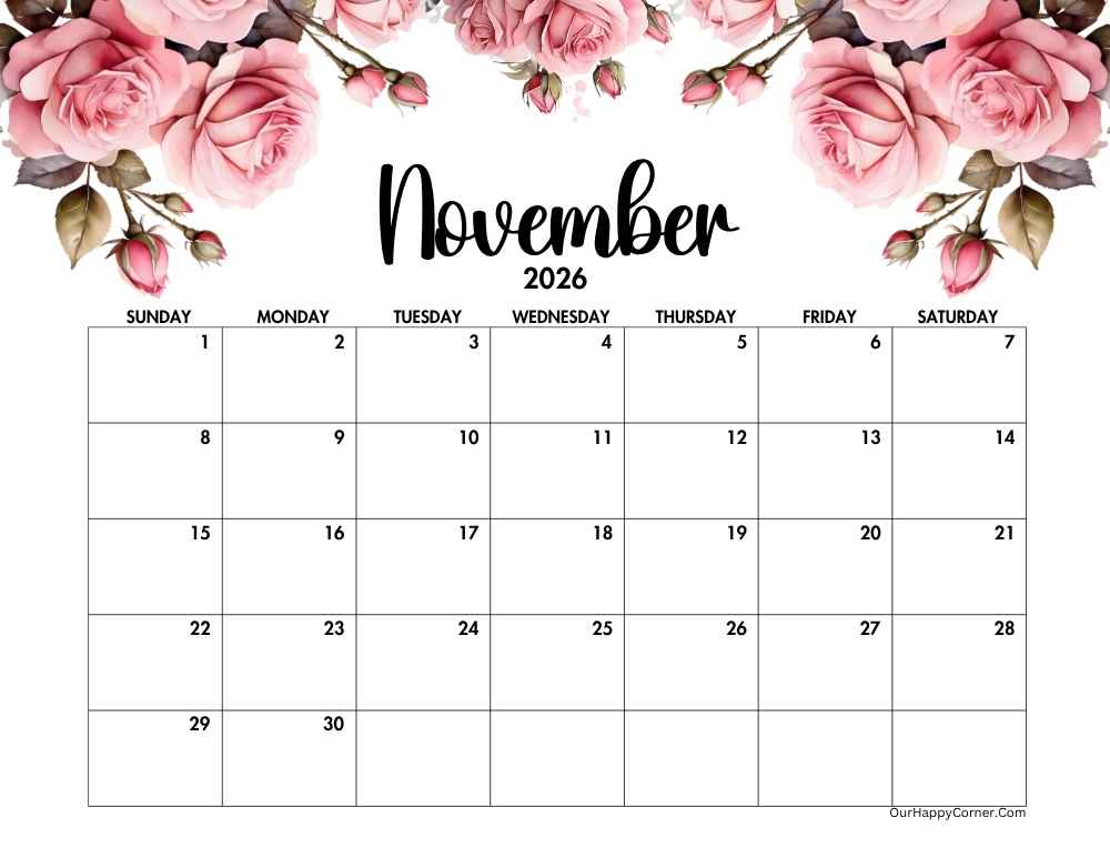 Pink roses calendar horizontal