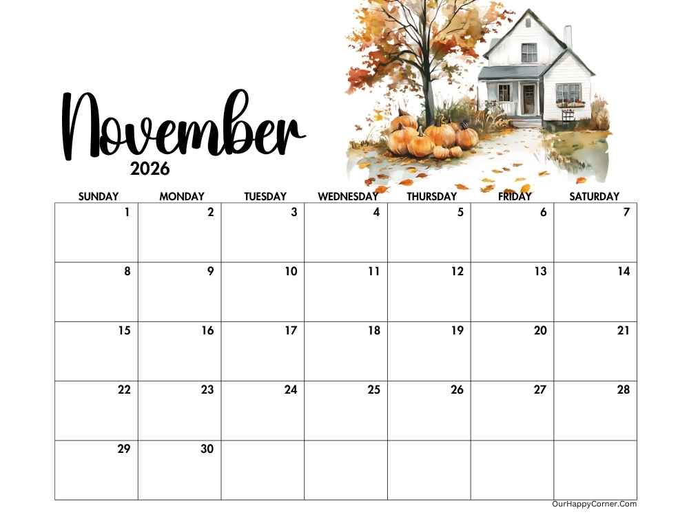 Autumn horizontal calendar printable