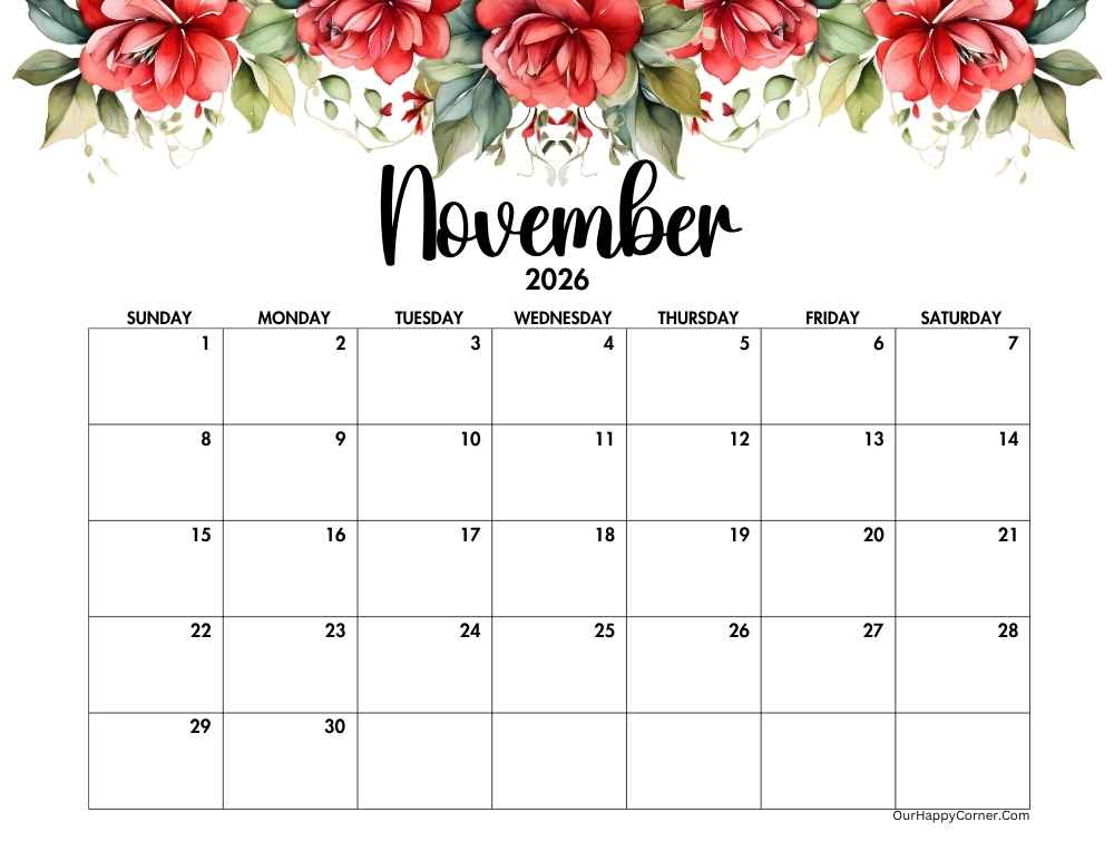Red floral horizontal calendar