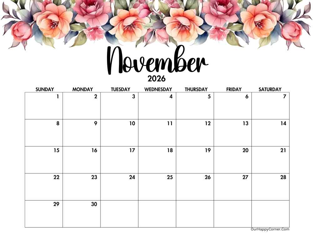 Floral horizontal calendar printable