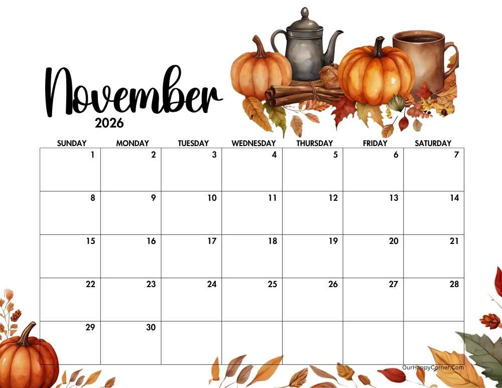 Autumn horizontal calendar printable