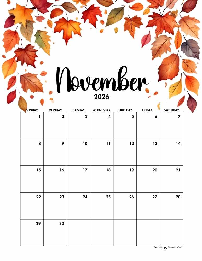 Autumn falling leaves November calendar