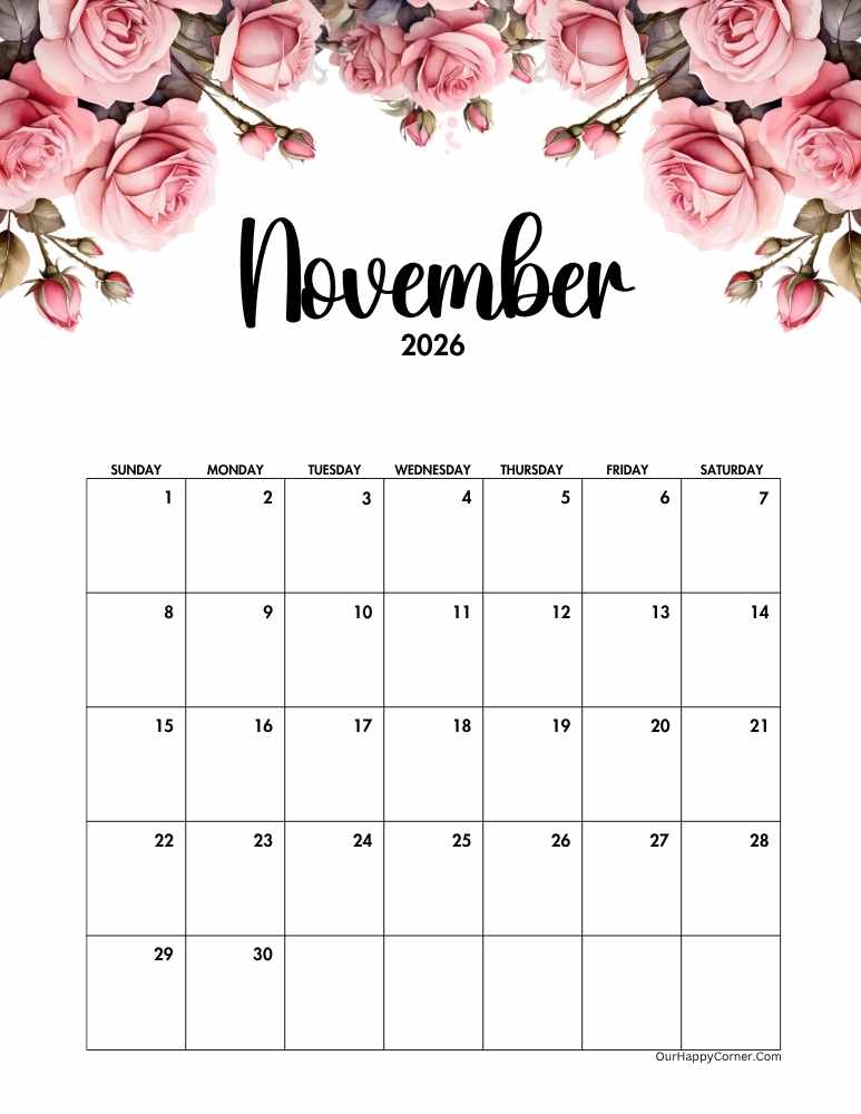 November Pink floral calendar 2026