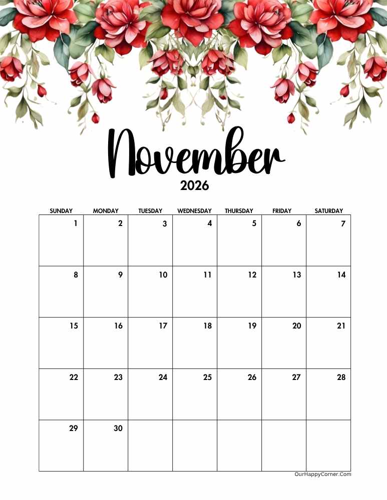 November Red Floral 2026 Calendar