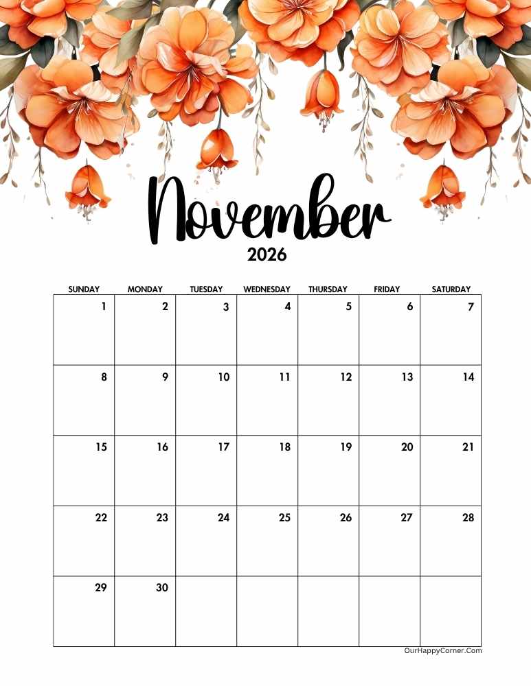 Orange Floral November Calendar