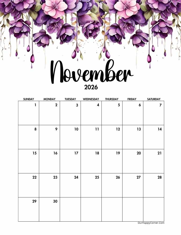 Watercolor Purple Floral November Calendar 2026