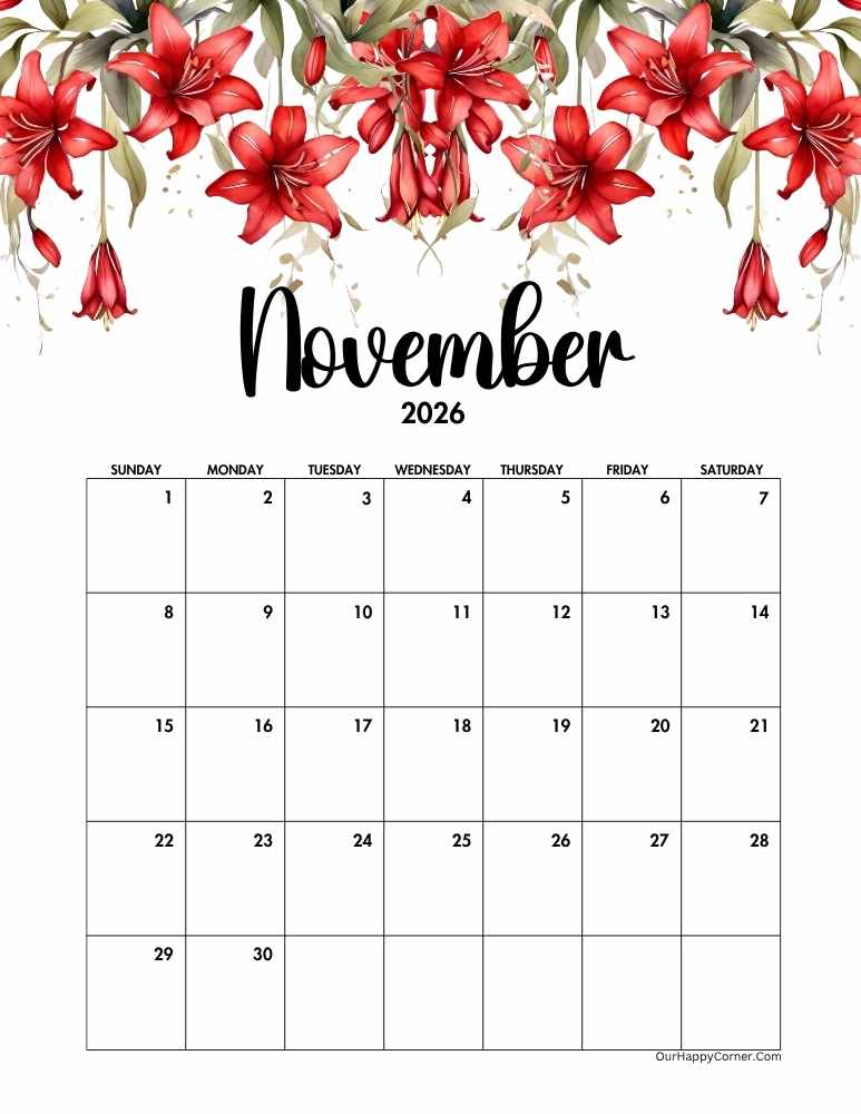 Red floral decorated November calendar