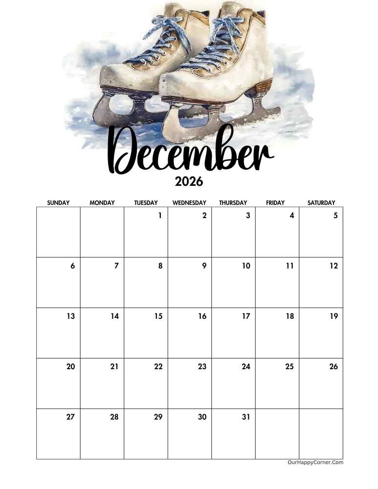 Winter themed calendar December 2026 calendar