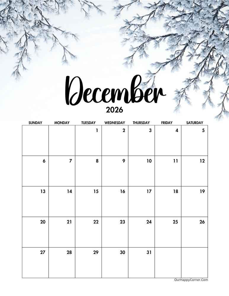 Winter themed calendar December 2026 calendar