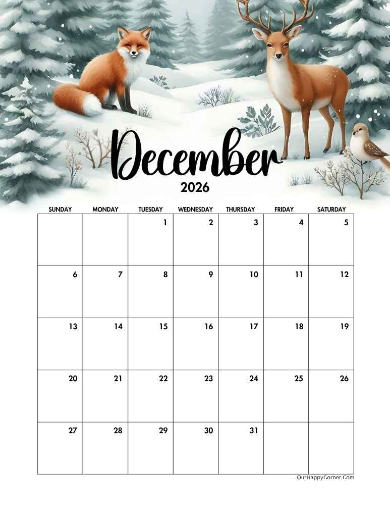 Winter themed calendar December 2026 calendar