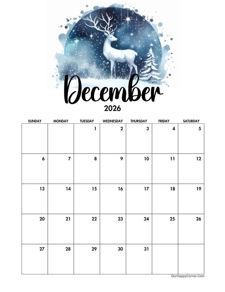 Winter themed calendar December 2026 calendar