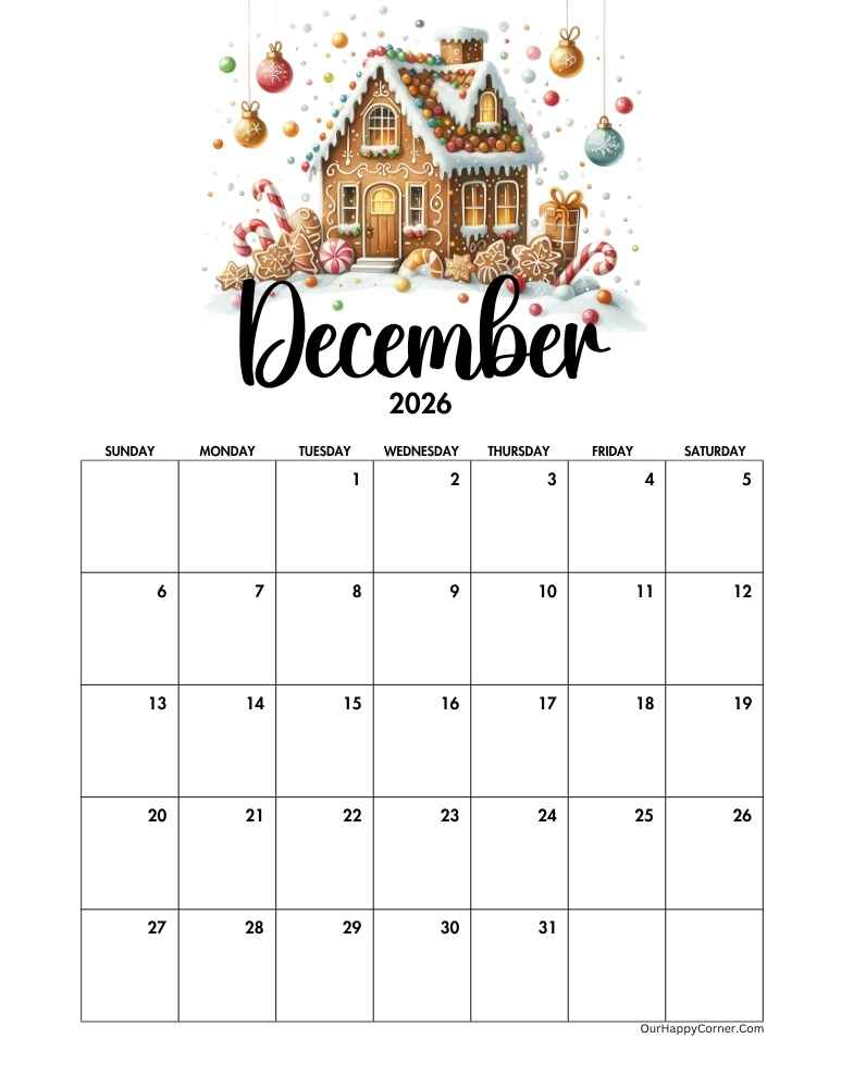 Christmas themed calendar December 2026 calendar