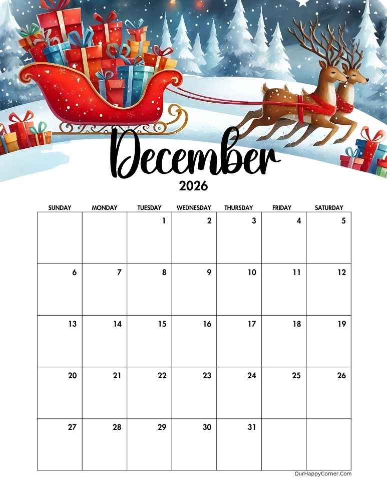 Christmas themed calendar December 2026 calendar