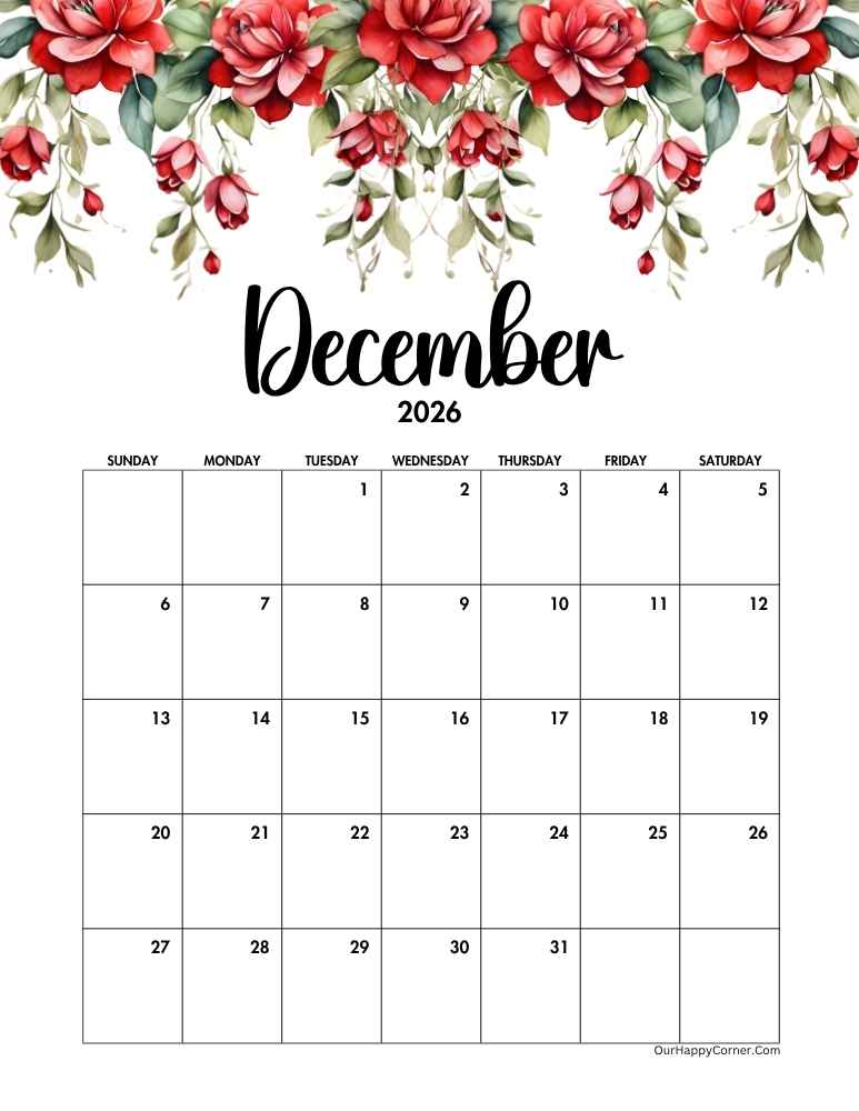 Sunday start red floral calendar