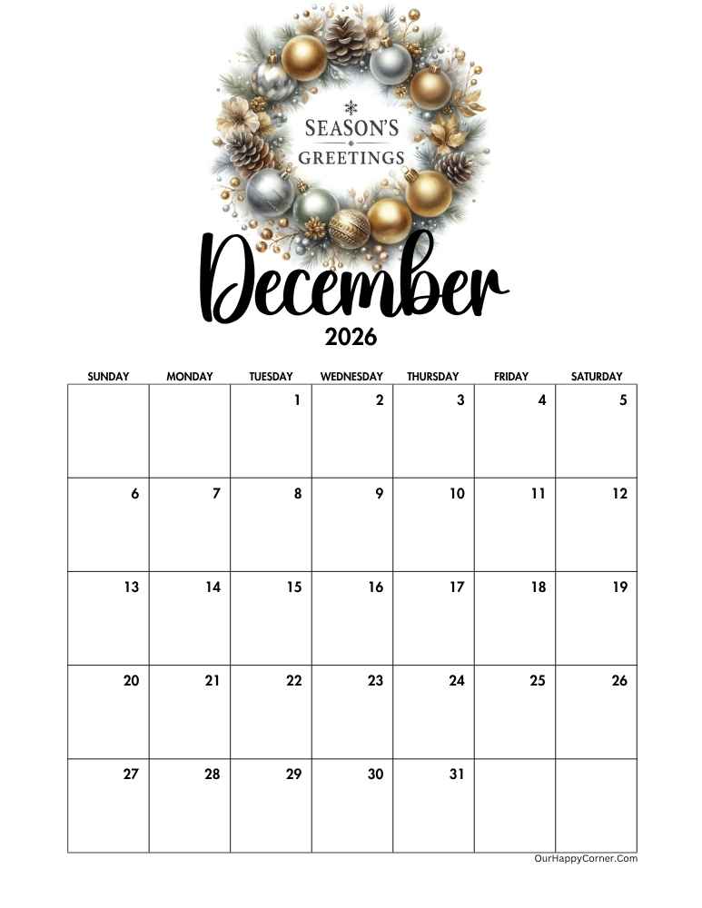 Christmas themed calendar December 2026 calendar