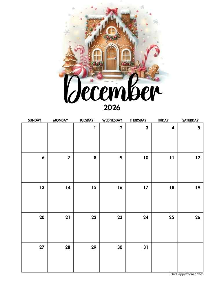 Christmas themed calendar December 2026 calendar