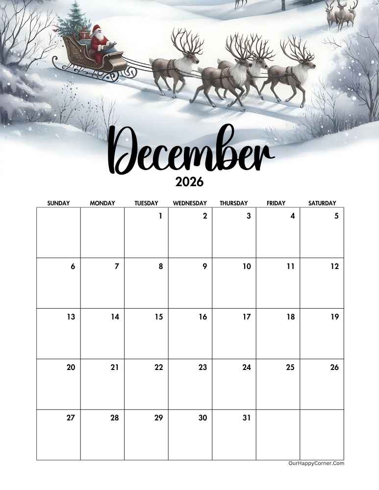 Christmas themed calendar December 2026 calendar