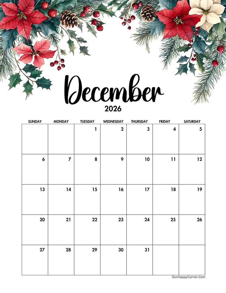 Christmas themed calendar December 2026 calendar