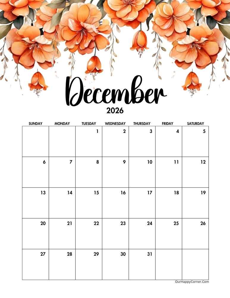 December Calendar orange floral