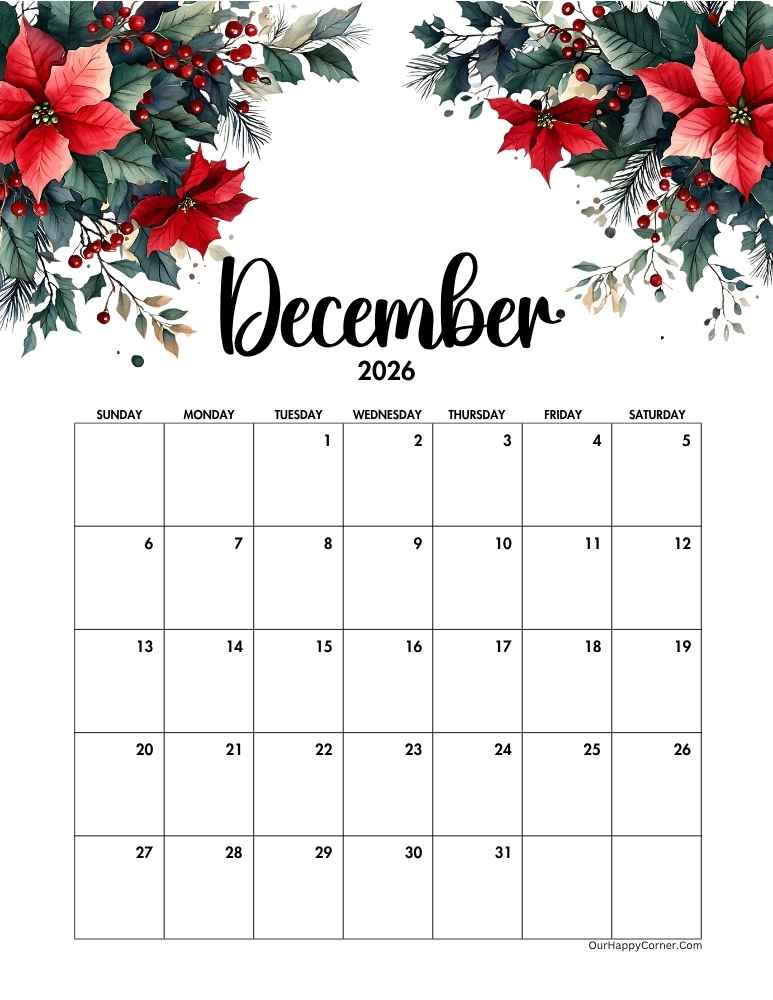 Christmas themed calendar December 2026 calendar