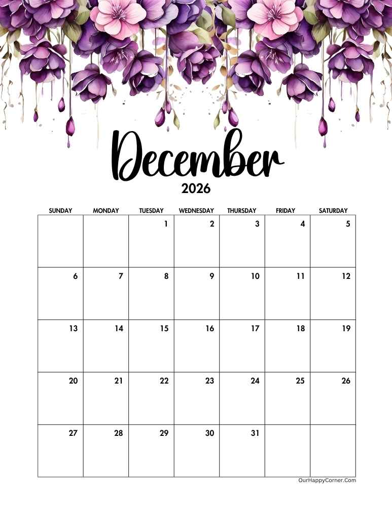 Purple watercolor December Calendar