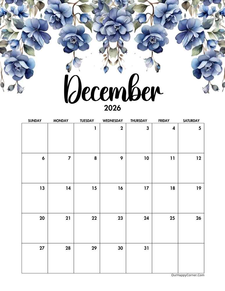 blue floral calendar December 2026 calendar
