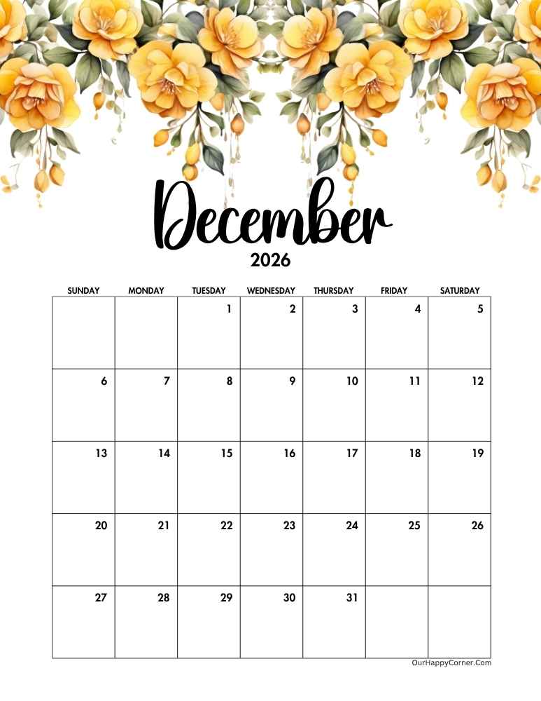Yellow floral December calendar