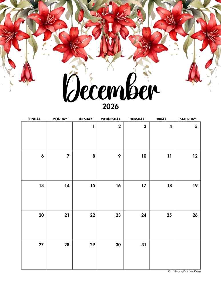 Red floral calendar printable December 2026 calendar