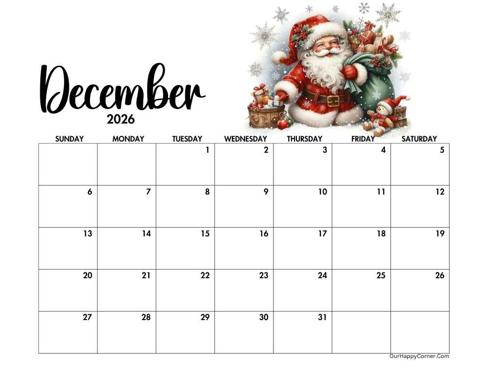 Christmas theme calendar December 2026 calendar