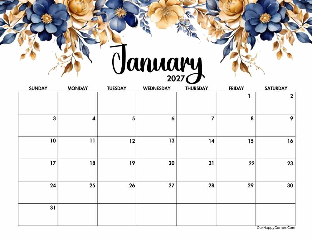 Landscape blue and gold calendar printable for January