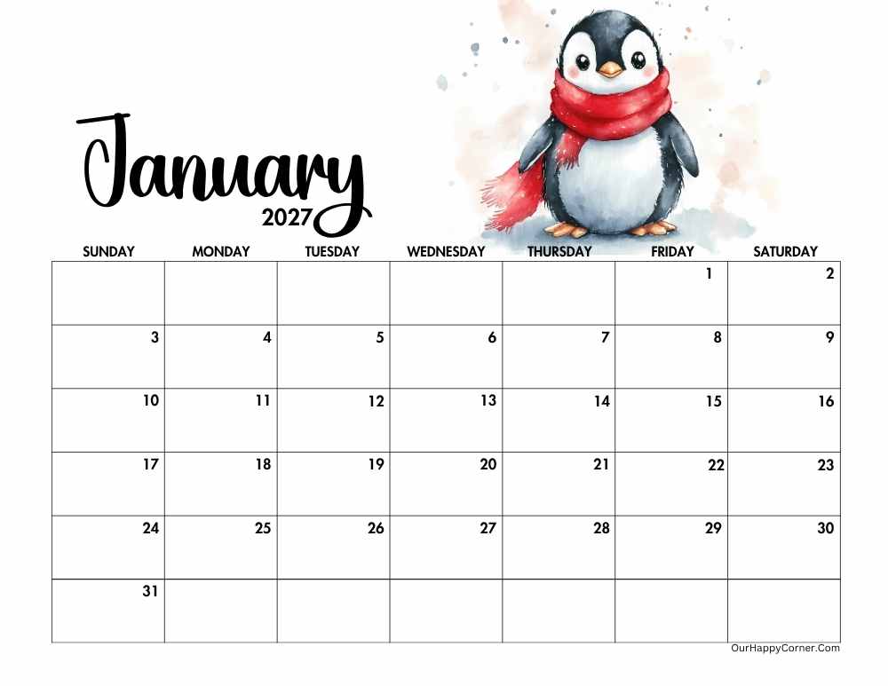 2027 landscape winter calendar printable