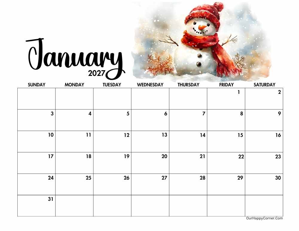2027 landscape winter calendar printable