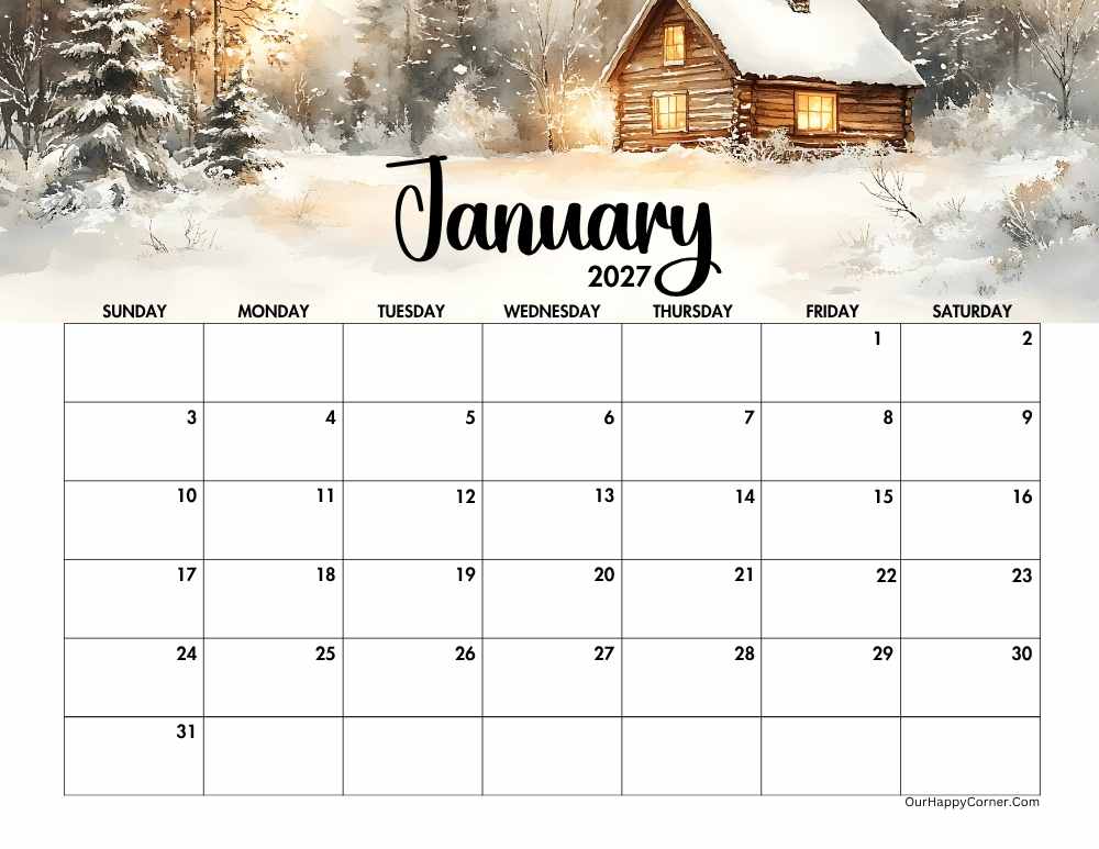 2027 landscape winter calendar printable