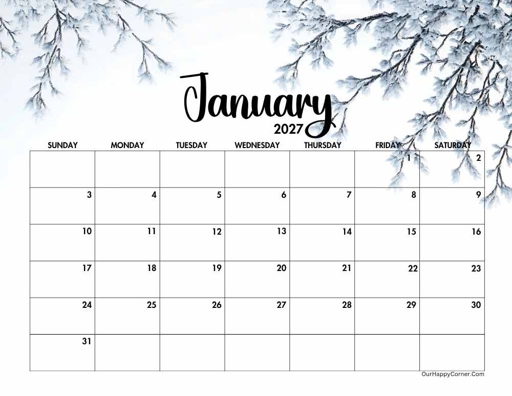 2027 landscape winter calendar printable