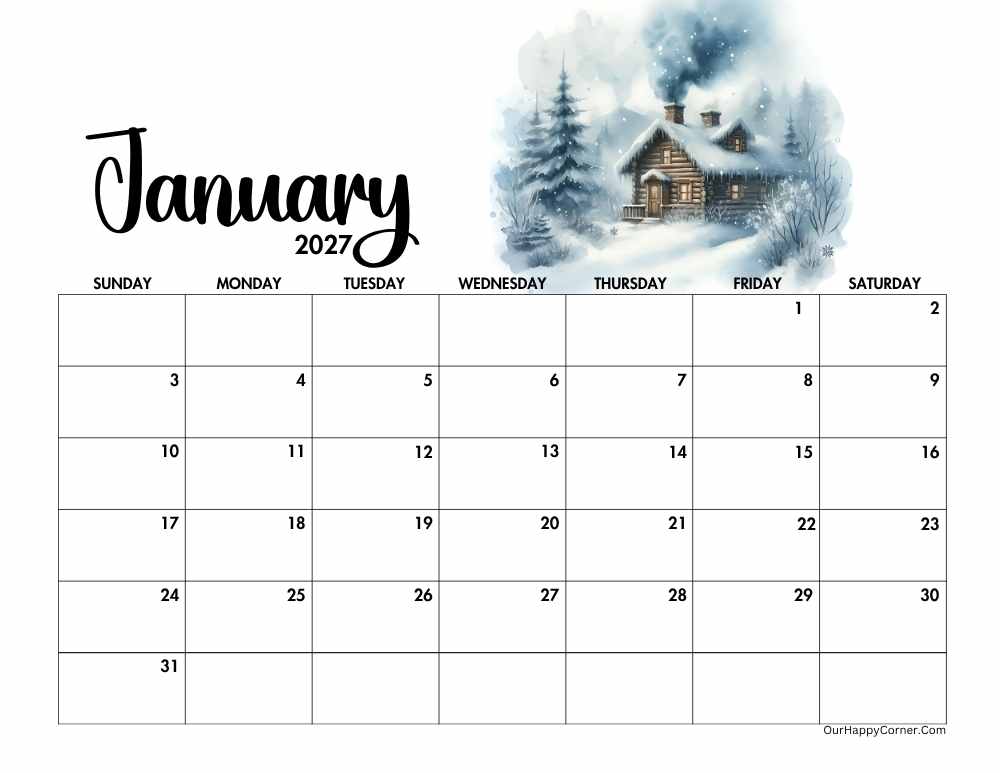 2027 landscape winter calendar printable
