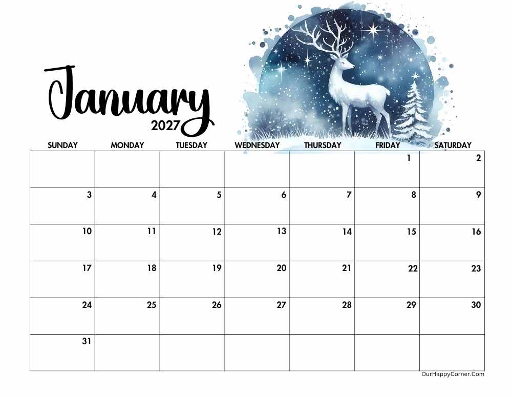 2027 landscape winter calendar printable
