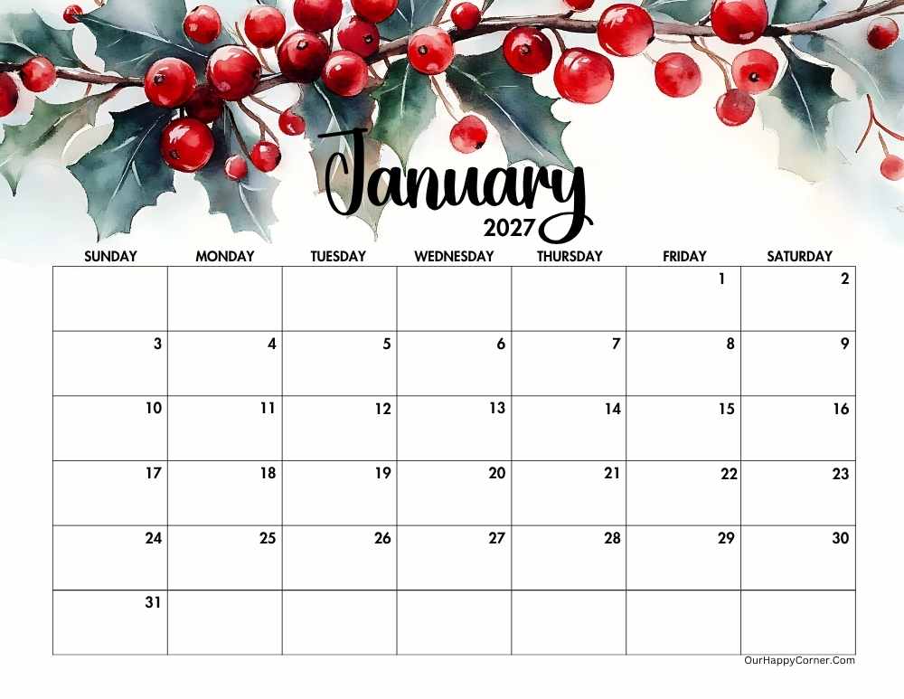2027 landscape winter calendar printable