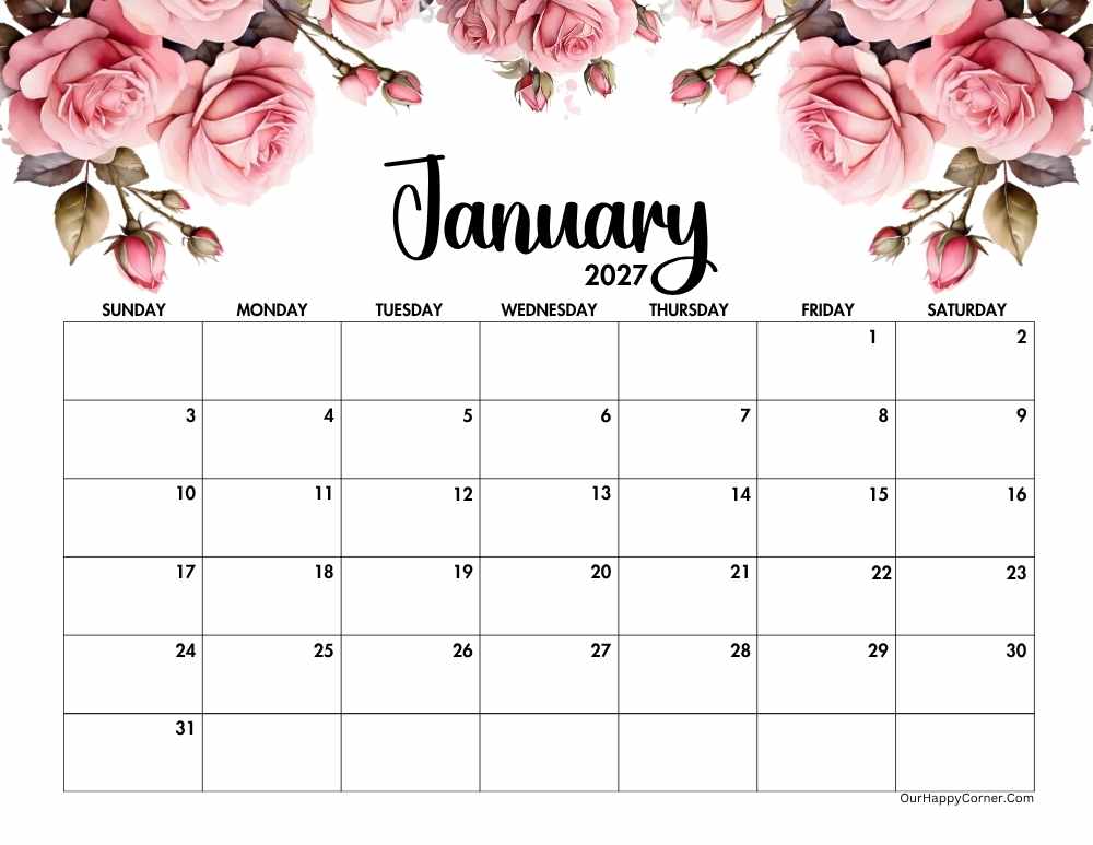 2027 landscape pink roses calendar printable