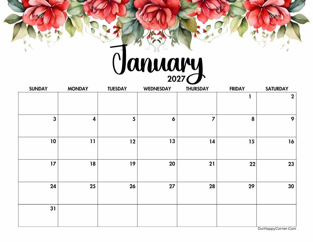 2027 landscape red flowers calendar printable