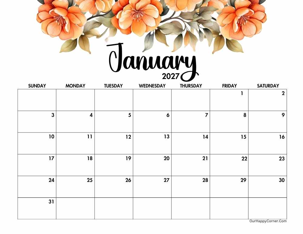 2027 landscape floral calendar printable