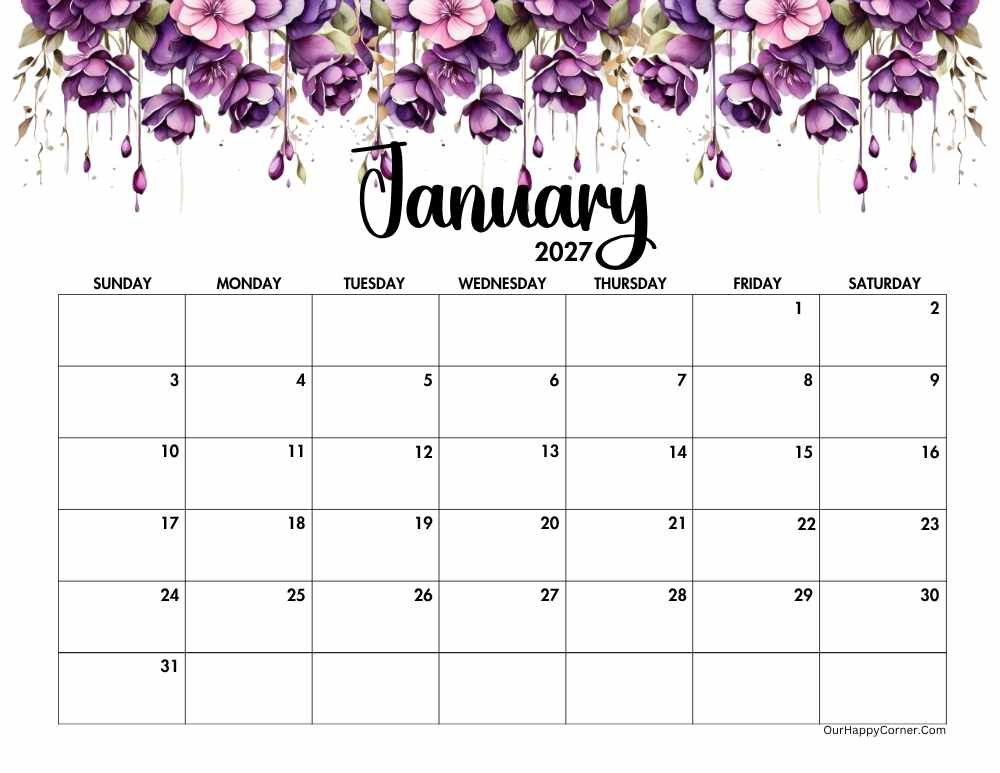 2027 landscape floral calendar printable