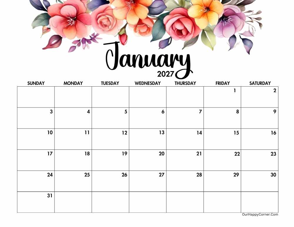 2027 landscape floral calendar printable