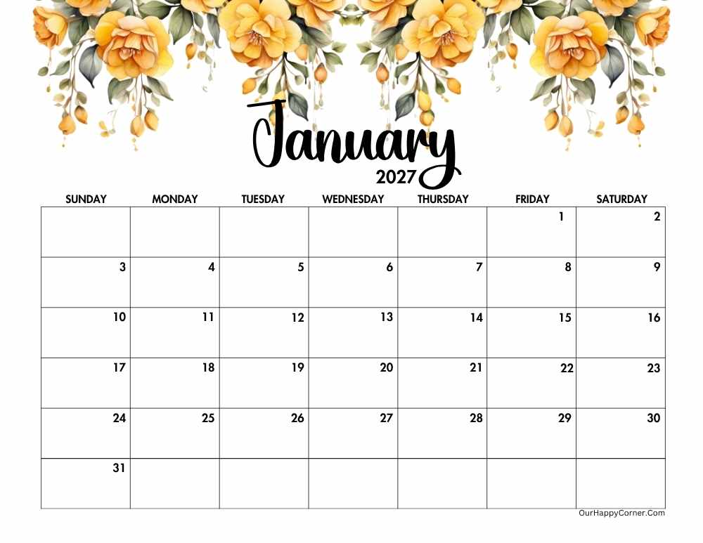 2027 landscape floral calendar printable