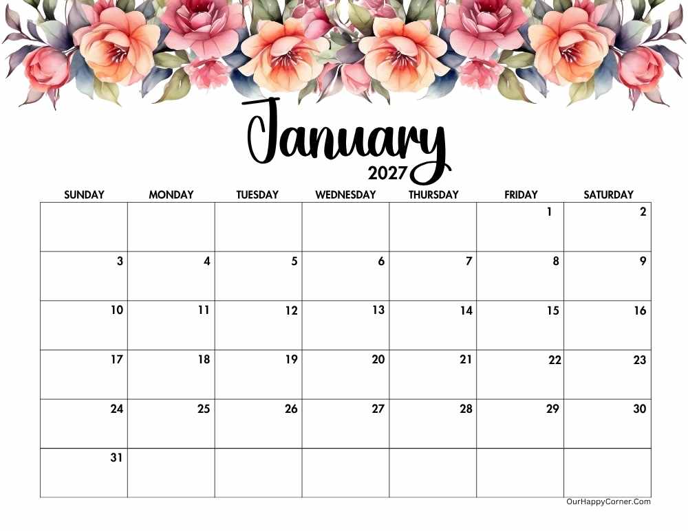 2027 landscape floral calendar printable