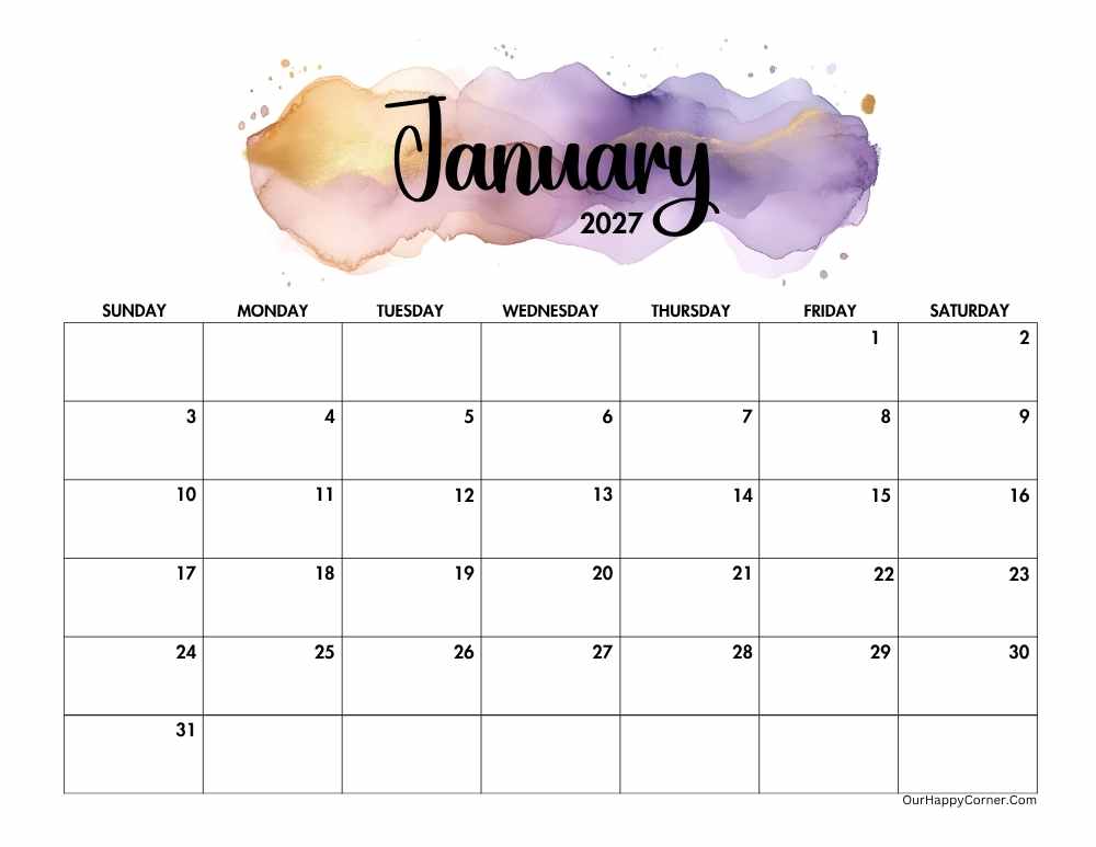 2027 landscape watercolor calendar printable