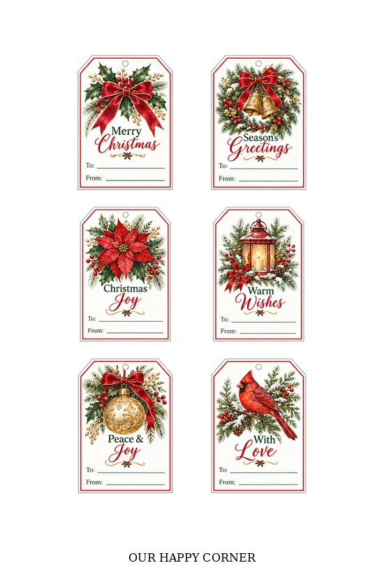 Free printable Christmas gift tags with holly, red bows, and festive greetings.